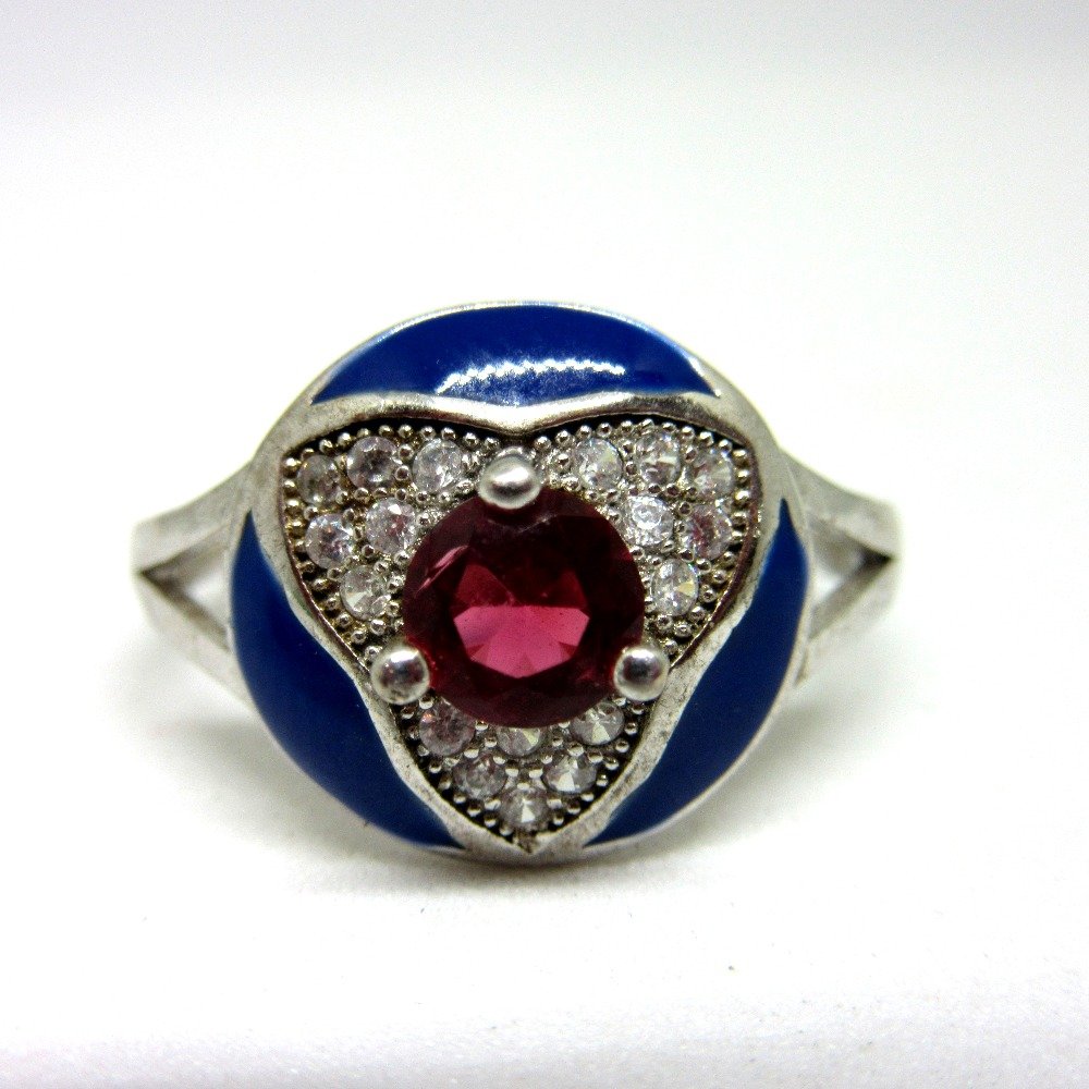 Silver pink stone blue meena ring sr925-209