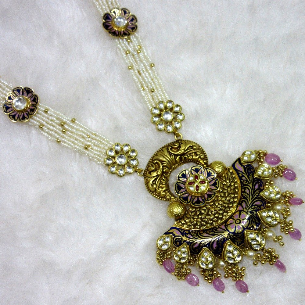 Gold classic meena-stone oxidized long moti mala set