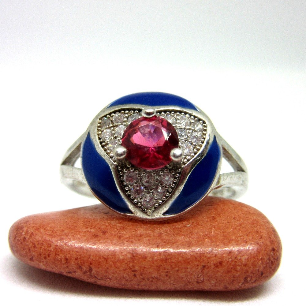 Silver pink stone blue meena ring sr925-209