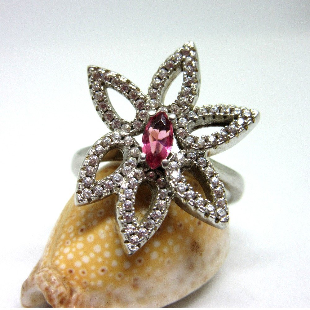 Silver 925 flower design pink stone ring sr925-42