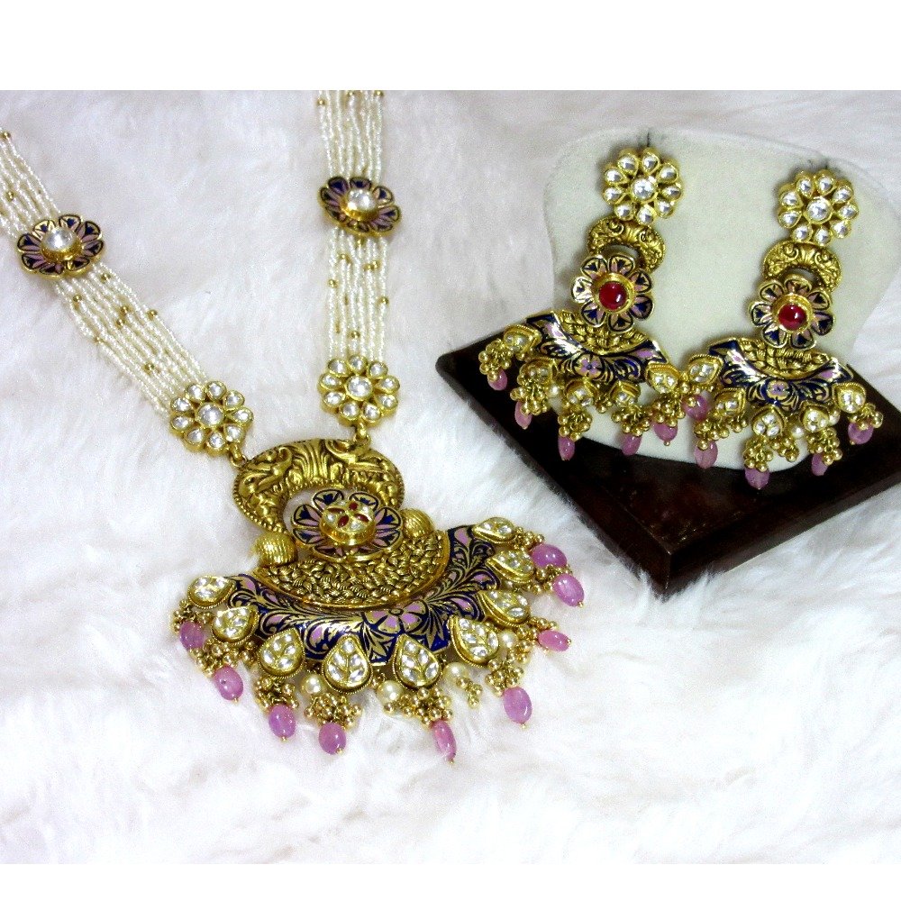 Gold classic meena-stone oxidized long moti mala set