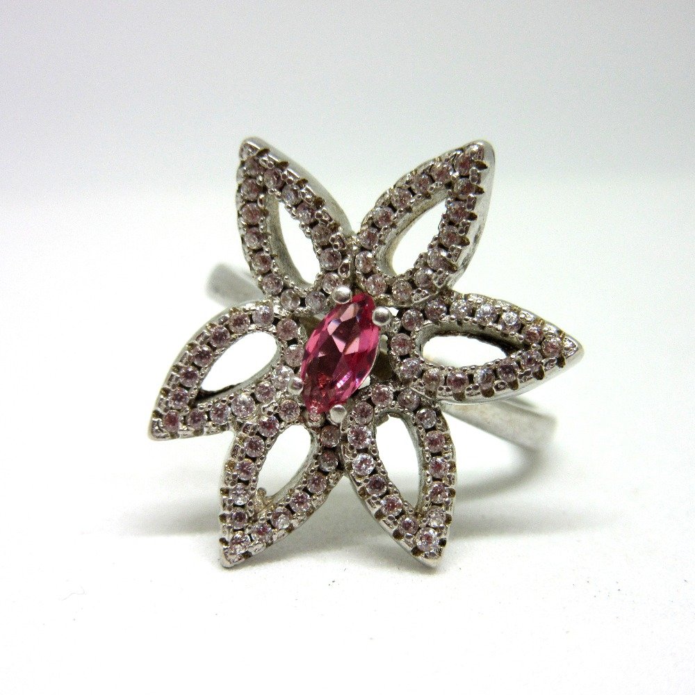 Silver 925 flower design pink stone ring sr925-42