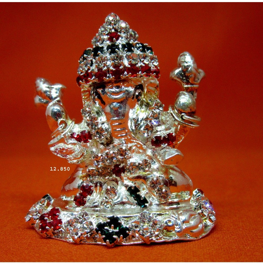 Silver Shree Ganesha Multi-Color Diamond Lining Murti (Statue) MRT-
