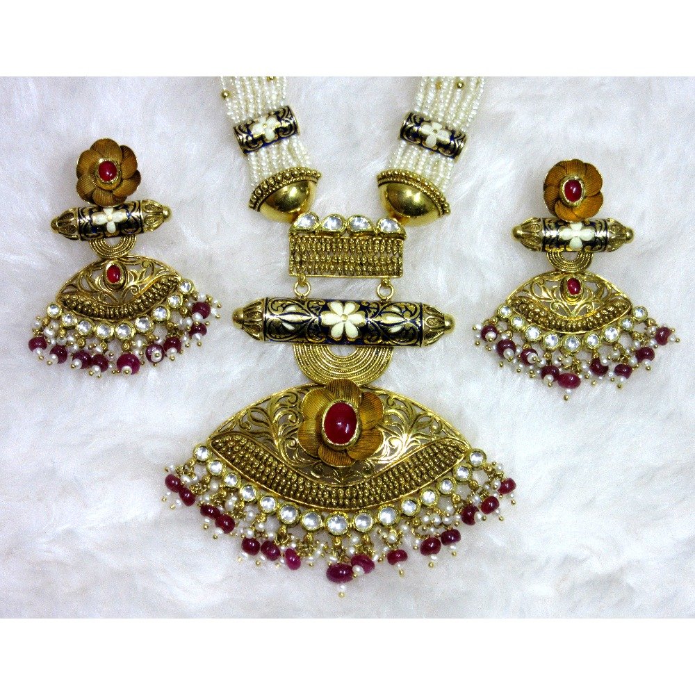 Gold fancy long jadtar-stone moti mala set