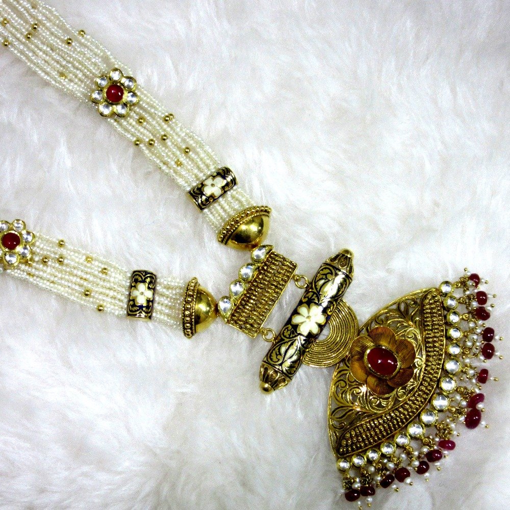Gold fancy long jadtar-stone moti mala set
